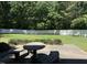 Spacious backyard with mature trees, green lawn, and stone picnic table at 1509 Logan St, Durham, NC 27704