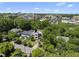 Aerial view showcases a contemporary home surrounded by mature trees and the city skyline at 1820 Park Dr, Raleigh, NC 27605