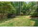 Lush backyard with healthy green grass and lots of mature trees and bushes at 206 Glebe Way, Cary, NC 27519