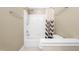 Clean bathroom featuring shower and tub combination with decorative shower curtain at 206 Glebe Way, Cary, NC 27519