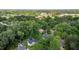 Aerial view shows lush tree coverage and secluded property with a blue swimming pool and surrounding deck at 2113 Port Royal Rd, Raleigh, NC 27609