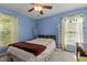 Bright blue bedroom with ample natural light, ceiling fan, plush carpeting, and neutral furniture at 2113 Port Royal Rd, Raleigh, NC 27609