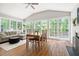 Open living area with large windows, fireplace, vaulted ceilings, and wood floors at 2301 Bolingbrook Ln, Raleigh, NC 27613