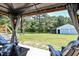 Backyard with covered patio, garage, and manicured lawn, provides a serene outdoor retreat at 2717 Jack Rd, Clayton, NC 27520