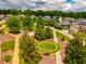 This aerial view of the neighborhood highlights the green spaces and backyard trees at 281 N Serenity Hill Cir, Chapel Hill, NC 27516