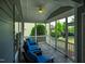 Relax on this screened porch with outdoor seating, ceiling fan, and backyard views at 281 N Serenity Hill Cir, Chapel Hill, NC 27516