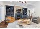 Bright living room featuring custom built-ins, fireplace, and hardwood floors at 30 Ocoee Falls Dr, Chapel Hill, NC 27517