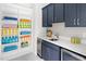 Pool house wet bar featuring blue cabinets, stainless steel appliances, white quartz countertops, and storage shelves at 30 Ocoee Falls Dr, Chapel Hill, NC 27517