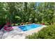 Backyard swimming pool with patio, lounge chairs, and surrounded by lush green trees at 30 Ocoee Falls Dr, Chapel Hill, NC 27517