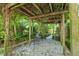 Cozy outdoor patio with a vine-covered pergola, gravel floor, and seating area surrounded by lush greenery at 300 Livingstone Dr, Cary, NC 27513
