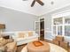 Living room featuring high ceilings, hardwood floors, fireplace, and comfortable seating at 3403 Raccoon Run Dr, Burlington, NC 27215
