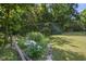 Backyard oasis with bird bath, mature trees, lush greenery and wooden fencing at 506 Burgess Rd, Apex, NC 27523