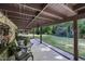 Charming covered patio with stone accents and a picturesque view of the lush backyard at 506 Burgess Rd, Apex, NC 27523