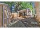 Backyard with a storage shed, covered hot tub, and stone pathways, offering a peaceful outdoor space at 5909 Royal Coach Ct, Raleigh, NC 27612