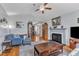 Comfortable living room showcases wood floors, neutral walls, fireplace, and a stylish blue sofa set at 5909 Royal Coach Ct, Raleigh, NC 27612