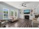 Living room with hard wood floors, fireplace, and three windows overlooking backyard at 60 Consella Way, Franklinton, NC 27525