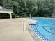 Community pool with clear blue water, lane markers, and poolside seating area surrounded by lush greenery at 7000 Millstone Ridge Ct, Raleigh, NC 27614