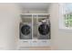 Functional laundry room featuring modern washer and dryer units with convenient built-in storage and natural light at 702 Wedgewood Ave, Zebulon, NC 27597