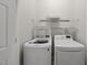 Functional laundry room with a front-load washing machine, a dryer, and overhead shelving for storage at 7340 Doverton Ct, Raleigh, NC 27615
