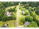 Aerial view capturing the street, showcasing the neighborhood's well-manicured lawns and mature trees at 8517 Falkirk Ridge Ct, Wake Forest, NC 27587
