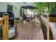Outdoor deck perfect for grilling, featuring a table, umbrella and outdoor furniture at 9408 Bells Valley Dr, Raleigh, NC 27617