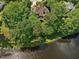 Aerial view of lakefront property with mature trees and private waterfront access at 105 Highlands Lake Dr, Cary, NC 27518