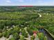 Aerial view showcases this home's proximity to WakeMed Cary Hospital, surrounded by trees and a tranquil pond at 105 Highlands Lake Dr, Cary, NC 27518