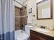 This is a bathroom with a shower/tub combo at 105 Highlands Lake Dr, Cary, NC 27518