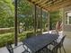 Covered patio with an outdoor dining area overlooking the water, perfect for enjoying meals and relaxing moments at 105 Highlands Lake Dr, Cary, NC 27518