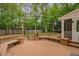 Spacious back deck featuring built-in bench seating and views of the private, wooded backyard at 108 Nimbus Ct, Cary, NC 27513