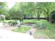 Relaxing backyard with an open fire pit, an assortment of chairs, and lush greenery at 1111 College St, Oxford, NC 27565