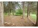 View of wooded backyard with mature trees and decorative stone pathway; creating a serene setting at 201 E Laramie Dr, Mebane, NC 27302