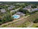 Beautiful community aerial view showcasing the pool, surrounding homes, and green landscape at 205 Hammond Wood Pl, Morrisville, NC 27560