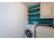 This laundry room features a modern washer and dryer and built in shelving at 310 Seymour Pl, Cary, NC 27519