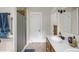 Cozy bathroom with a shower and a single vanity at 312 Green St, Sanford, NC 27330