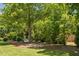 Secluded backyard with mature trees, lush landscaping, and hammock at 4404 Yadkin Dr, Raleigh, NC 27609