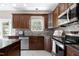 Modern kitchen featuring stainless steel appliances, mosaic backsplash, and custom cabinetry at 4725 Parr Vista Ct, Raleigh, NC 27612