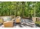 Outdoor deck featuring cozy seating areas, surrounded by lush trees offering a secluded retreat at 6 Gasper Ct, Durham, NC 27713