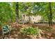 Lush backyard features a pond, wooden seating, deck area, wooded area, and natural beauty at 6 Gasper Ct, Durham, NC 27713