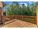 A wooden deck bordered with a wooden fence overlooks an area with mature trees and shrubs at 644 Angelica Cir, Cary, NC 27518
