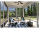 Relaxing screened porch with stylish outdoor furniture and an expansive view of the wooded backyard at 108 Valley View Dr, Chapel Hill, NC 27516