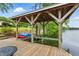 Covered boat dock on the lake features blue and red kayaks ready for a day of fun on the water at 1093 N Lakeside Dr, Smithfield, NC 27577