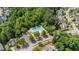 Aerial view of the community pool, surrounded by lush trees and a parking lot at 1148 Dexter Ridge Dr, Holly Springs, NC 27540