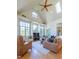Sunlit living room with vaulted ceilings, large windows, hardwood floors and comfortable leather furnishings at 12317 Richmond Run Dr, Raleigh, NC 27614