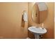Bathroom featuring a pedestal sink, decorative mirror, towel rack, and painted walls at 140 Sunstone Dr, Cary, NC 27519