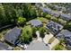 Aerial view of neighborhood with mature landscaping, fenced backyard and long driveways at 1719 Willowcrest Rd, Durham, NC 27703