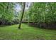 The home is nestled amongst a backyard with mature trees and verdant grass at 205 Bruton Dr, Chapel Hill, NC 27516