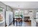 Dining area featuring updated lighting, grey cabinets, and access to the kitchen at 4114 Sudbury Rd, Durham, NC 27704