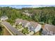 Aerial view displays a neighborhood street lined with well-maintained homes, green lawns, and mature trees at 5145 Landguard Dr, Raleigh, NC 27613