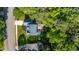 This aerial shot shows a charming house with a well-maintained yard, mature trees and a patio with a blue umbrella at 5417 Harrington Grove Dr, Raleigh, NC 27613